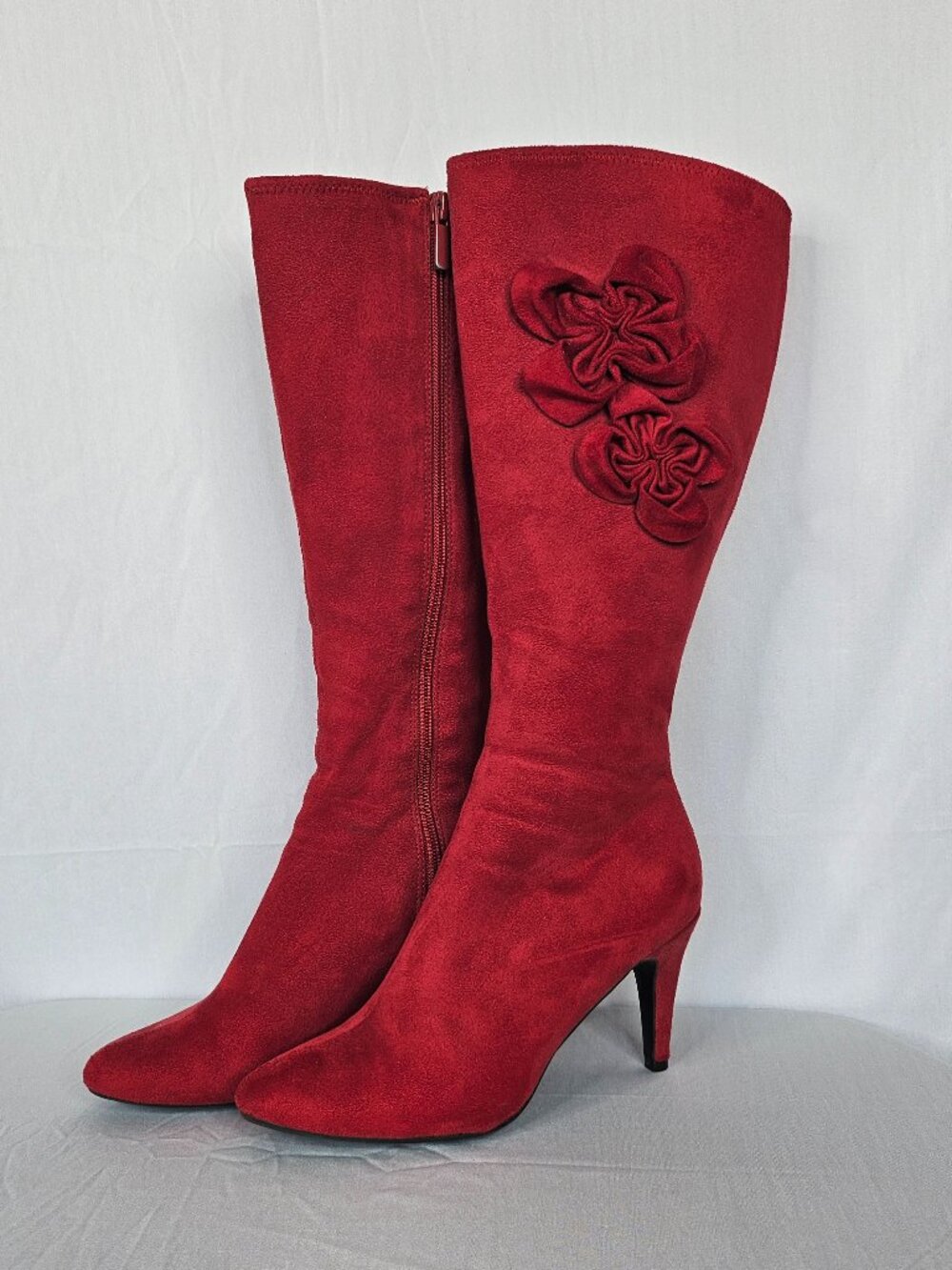 Red Knee High Boots | Floral Appliqué Velour | Stiletto Heel | Size 6